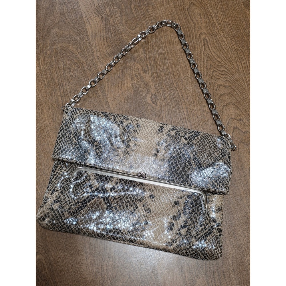 Alfani Snakeskin Print Foldover Clutch Bag Silver Chain Strap Brown Tan Metallic